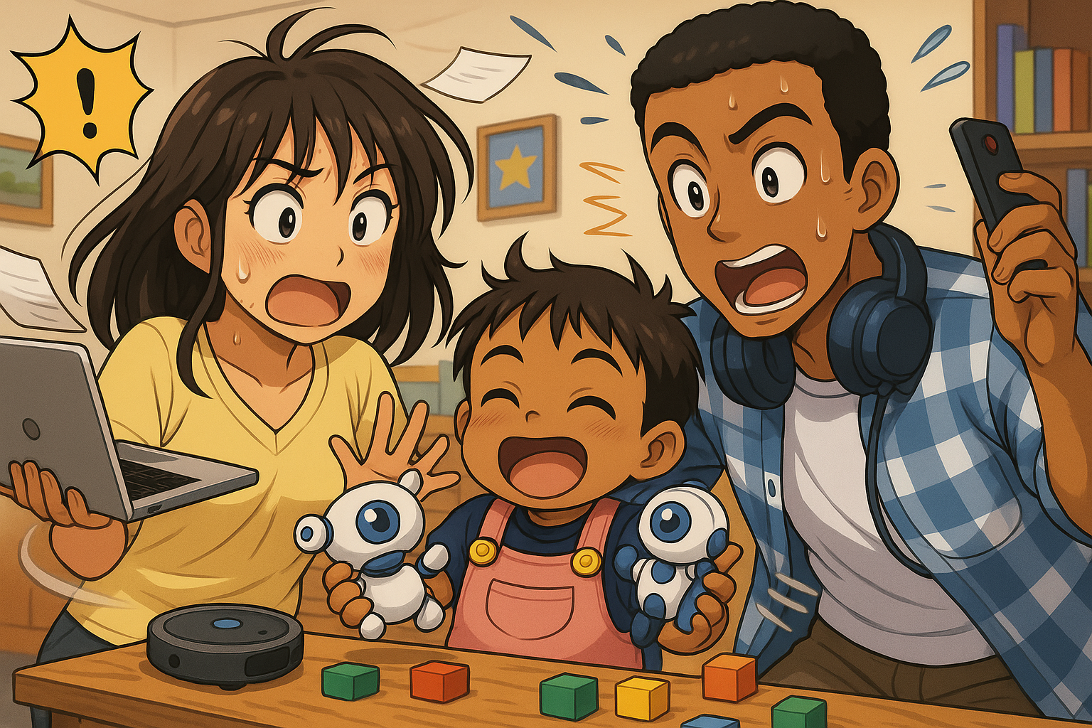 Two parents in full chaos mode with a toddler and tech gadgets
